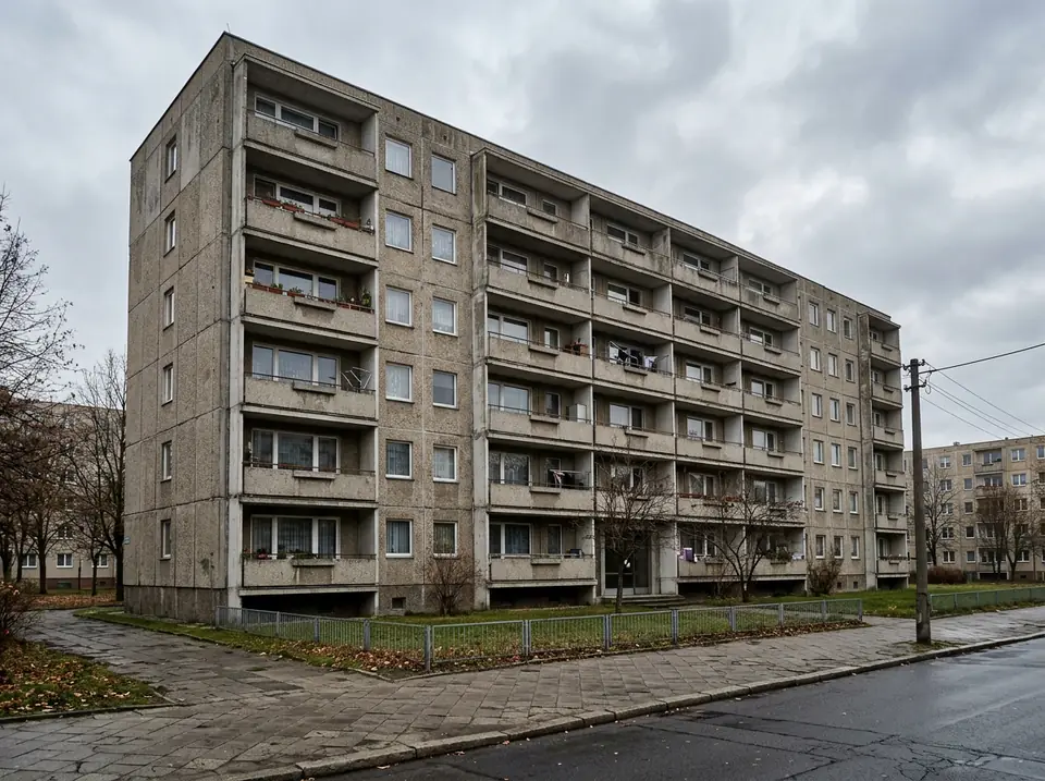 Hetvenes években épült panelház homlokzata erkélyekkel, borult idő