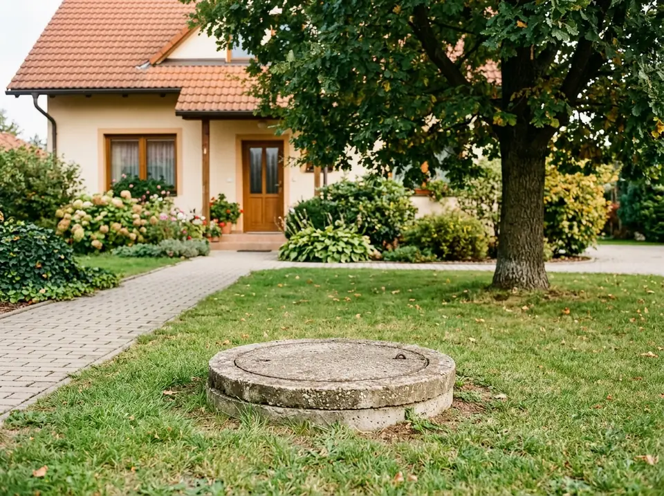 Betonfedeles tisztítóakna egy családi ház előkertjében, füves felület mellett