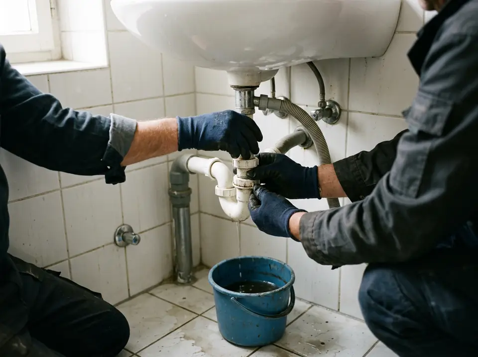 Szakember kesztyűs keze leszereli a mosdó szifonját egy kis vödör fölött, fehér csempés falnál